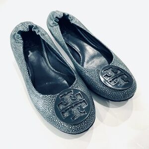 TORY BURCH Reva Flats Green Leather Ballet Flats Stingray Reptile Green